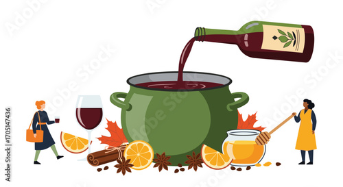 Cozy autumn harvest spices and mulled wine preparation event.