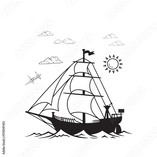 Vintage Ship Sailing on the Open Sea, Accompanied by a Seagull, Under the Warm Sunlight and Passing Under Fleecy Clouds