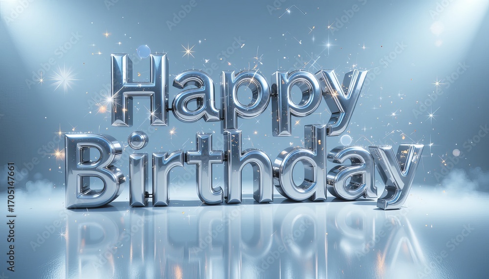 Fototapeta premium Shiny silver happy birthday text with sparkles on a reflective surface and light background