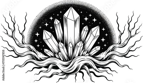 Black and white crystal cluster with swirling roots and stars