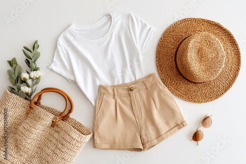 Minimalist summer wardrobe showcasing white shirt, beige shorts, straw hat, and accessories