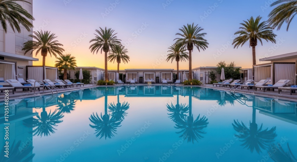 Obraz premium Serene poolside oasis at twilight with palm tree reflections creating a tropical paradise escape