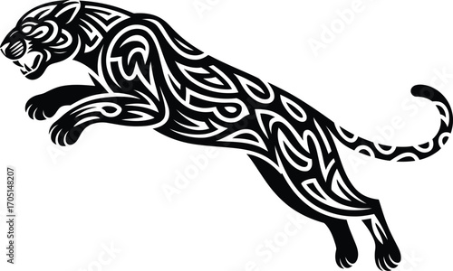 Black tribal panther leaping white background leopard