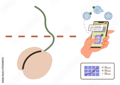 Sperm cell cut depiction with dashed line, smartphone in hand showing secure messaging, and analytical chart. Ideal for healthcare, family planning, security, privacy, contraception, technology