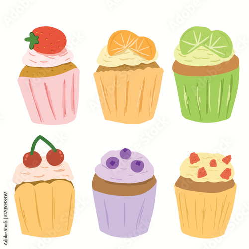 Clipart Sweet Fruit Cupcakes. Strawberry, Orange, Kiwi , Cherry, Blueberry, Raspberry Cupcakes. Various dessert for menu dan decoration. 