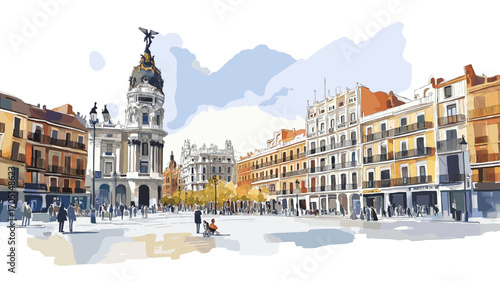 Plaza Mayor in Madrid. Plaza Mayor in Madrid watercolor vector illustration