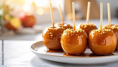 Delectable caramel apples, a treat for the senses, coated in glistening caramel and adorned with a sprinkle of nuts, are arranged invitingly on a pristine plate.