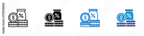 Investment Return Multiple Style Icon Design Vector - Stacked coins, jar, and percentage, symbolizing savings, investment return, and interest