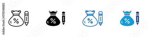 Loan Planning Multiple Style Icon Design Vector - Money bag with percentage and pencil, representing loan planning, calculation, or budgeting