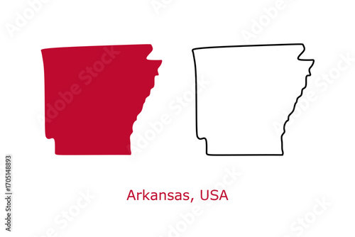 Arkansas map set. Arkansas USA map vector. Arkansas red and outline map on white background