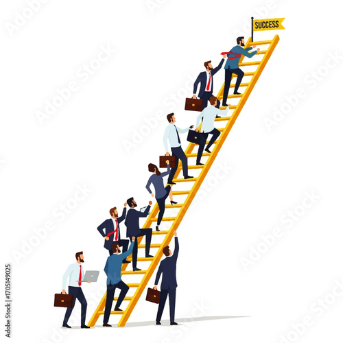 Ambitious businessmen climb the corporate ladder towards a success flag, a concept representing career progression, competition, and teamwork