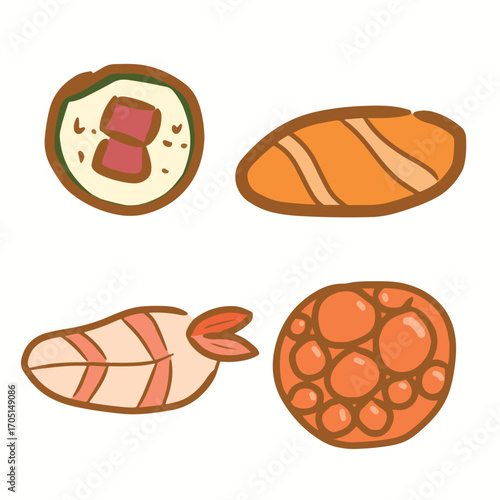 Cartoon asian cuisine rolls, sushi, sashimi dishes. Japanese oriental cuisine, seaweed, rice, fish and meat meals flatlay. 