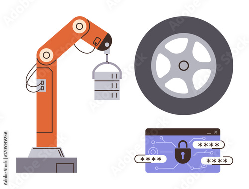 Robotic arm carrying an object, car wheel, cybersecurity padlock with password inputs. Ideal for technology, innovation, factory processes, manufacturing, AI systems, robotics and secure data
