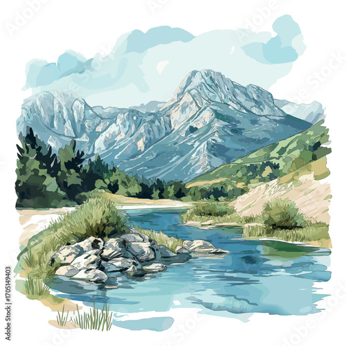 Theth National Park. Theth National Park watercolor vector illustration