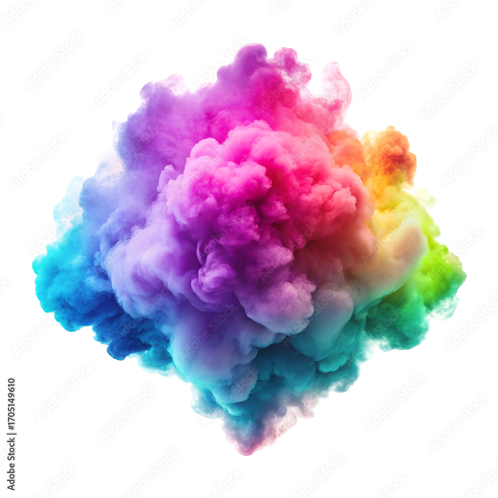 Fototapeta premium Vibrant rainbow colored smoke cloud explosion isolated on black background puff burst