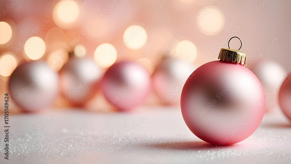 Fototapeta premium Christmas ornaments in soft pink and silver with a bokeh background for the holidays