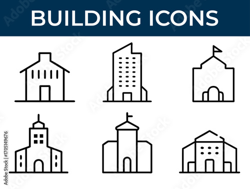 Minimal Line Building Icons Set – School, Office, Government, and Architecture Vector Illustration