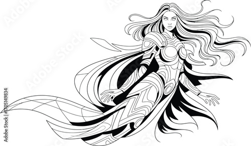 Black and white illustration of a woman in ornate armor