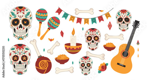 Traditional celebration of death with maracas skulls guitar and candle decoration.