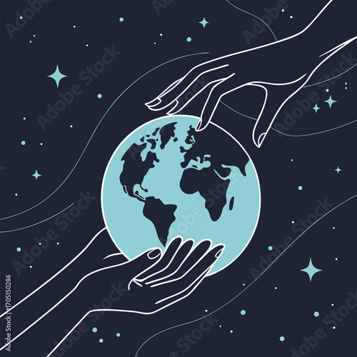 Hands cradling the Earth in a cosmic expanse planet