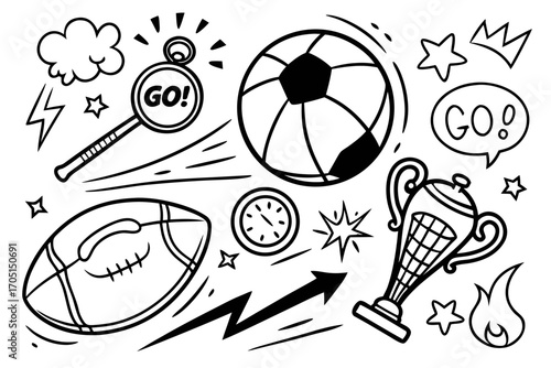 Black and white icons set isolated vector illustration of sports balls doodle collection including football basketball tennis and soccer symbols