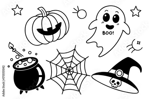 A set of fun Halloween icons with pumpkins, bats, ghosts, and spiders creating a spooky seamless pattern