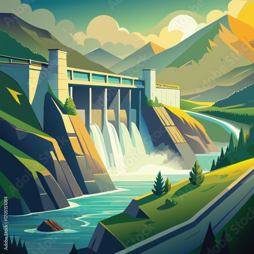 Hydroelectric dam with cascading water in mountains