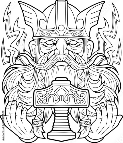 Scandinavian god of thunder Thor, monochrome illustration