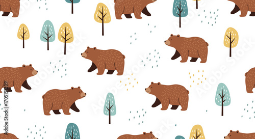 Cute brown bears and whimsical trees seamless pattern with a playful forest theme.