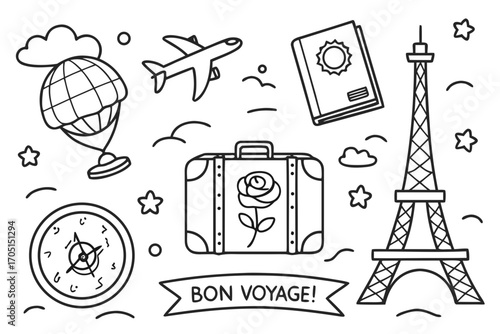 Hand-drawn vector illustration set of Paris and Eiffel Tower with vintage architecture and famous landmarks