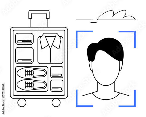 Packed suitcase with compartments holding shoes and clothing alongside a facial recognition profile frame. Ideal for travel, technology, customization, efficiency, security, planning, and innovation