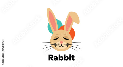 Cute cartoon rabbit with closed eyes and balloons behind its head.