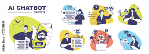 AI chatbot assisting concept set for web design. Collection with people chatting with artificial intelligence advisers, searching online and getting answers, interacting with bot. Vector illustration.