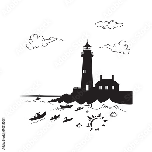 Nautical Scene Silhouette Lighthouse Amidst Sea Vessels and Rolling Waves Under a Partly Cloudy Sky Black and White