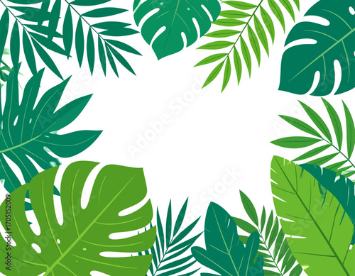 Vibrant tropical leaves form a lush green frame, ideal for summer designs. This isolated backgroundless graphic element is perfect for transparent background use