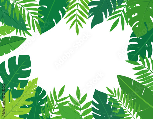 Tropical leaves border isolated on a transparent background, lush greenery framing for design elements, backgroundless natural foliage