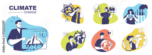 Climate change concept set for web design. Collection with people worried about melting glaciers, suffering from hot temperature, toxic industry pollution and wildfires risk. Vector illustration.