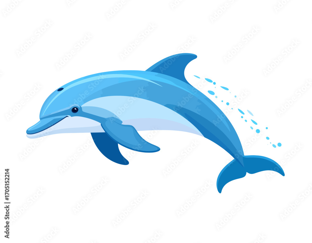 Fototapeta premium A stylized illustration of a blue dolphin leaping, with water splashing from its body, isolated on a white background.