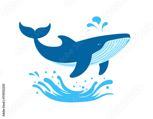 Dynamic blue whale illustration breaching with vibrant water splashes, perfect as an isolated vector graphic on a transparent background, backgroundless design element for marine concepts