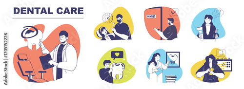 Dental care concept set for web design. Collection with people visiting dentist for teeth check up, getting oral hygiene, whitening treatment and prevention tooth procedure. Vector illustration.