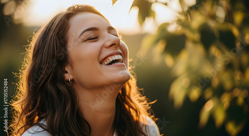 Carefree beautiful woman enjoying a moment of pure happiness and heartfelt laughter outdoors, backlit by the warm evening sun