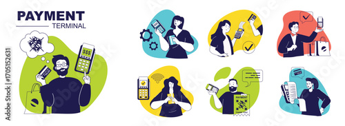 Payment terminal concept set for web design. Collection with people using wireless and contactless POS terminals for paying, checkout with credit cards and cashless technology. Vector illustration.