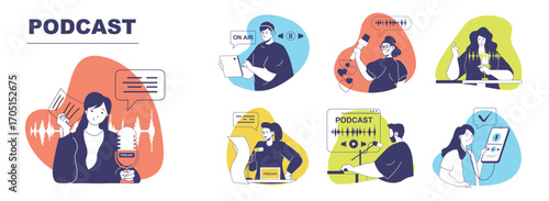 Podcast concept set for web design. Collection with people recording audio interview or online show in studio, host and guest talking in microphones, audience listening talks. Vector illustration.
