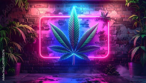 Neon Marijuana Leaf on Brick Wall Background.