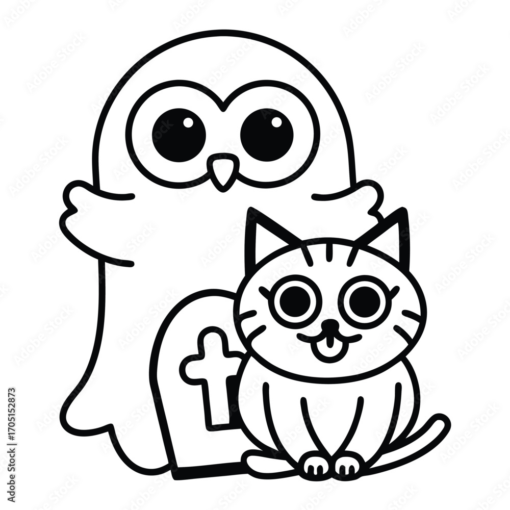 Fototapeta premium Adorable cartoon owl ghost and cat with a tombstone outline Keywords: owl, ghost, cat, tombstone, Halloween, cartoon, outline, drawing, illustration, cute, character, spooky, friendly, happy