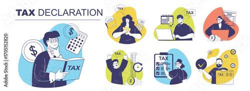 Tax declaration concept set for web design. Collection with people calculating income earning, filling declaration form online, inspecting financial budget and paying to time. Vector illustration.