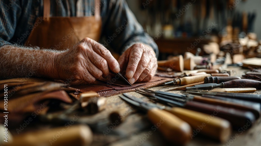 Obraz premium A man is working on a leather item with a leather apron on
