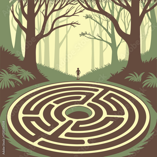 Lone Figure at Entrance of Forest Maze labyrinth person