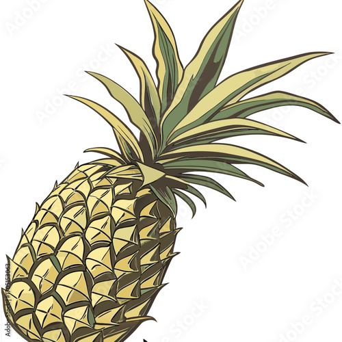 Create a high-resolution, realistic image of a whole pineapple standing upright on a white or neutral background. The pineapple should have a rough, spiky texture on the outer skin with a golden-yello