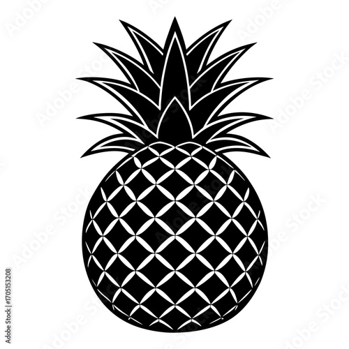 Create a high-resolution, realistic image of a whole pineapple standing upright on a white or neutral background. The pineapple should have a rough, spiky texture on the outer skin with a golden-yello